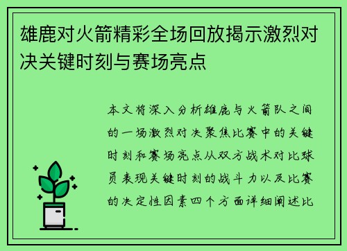 雄鹿对火箭精彩全场回放揭示激烈对决关键时刻与赛场亮点